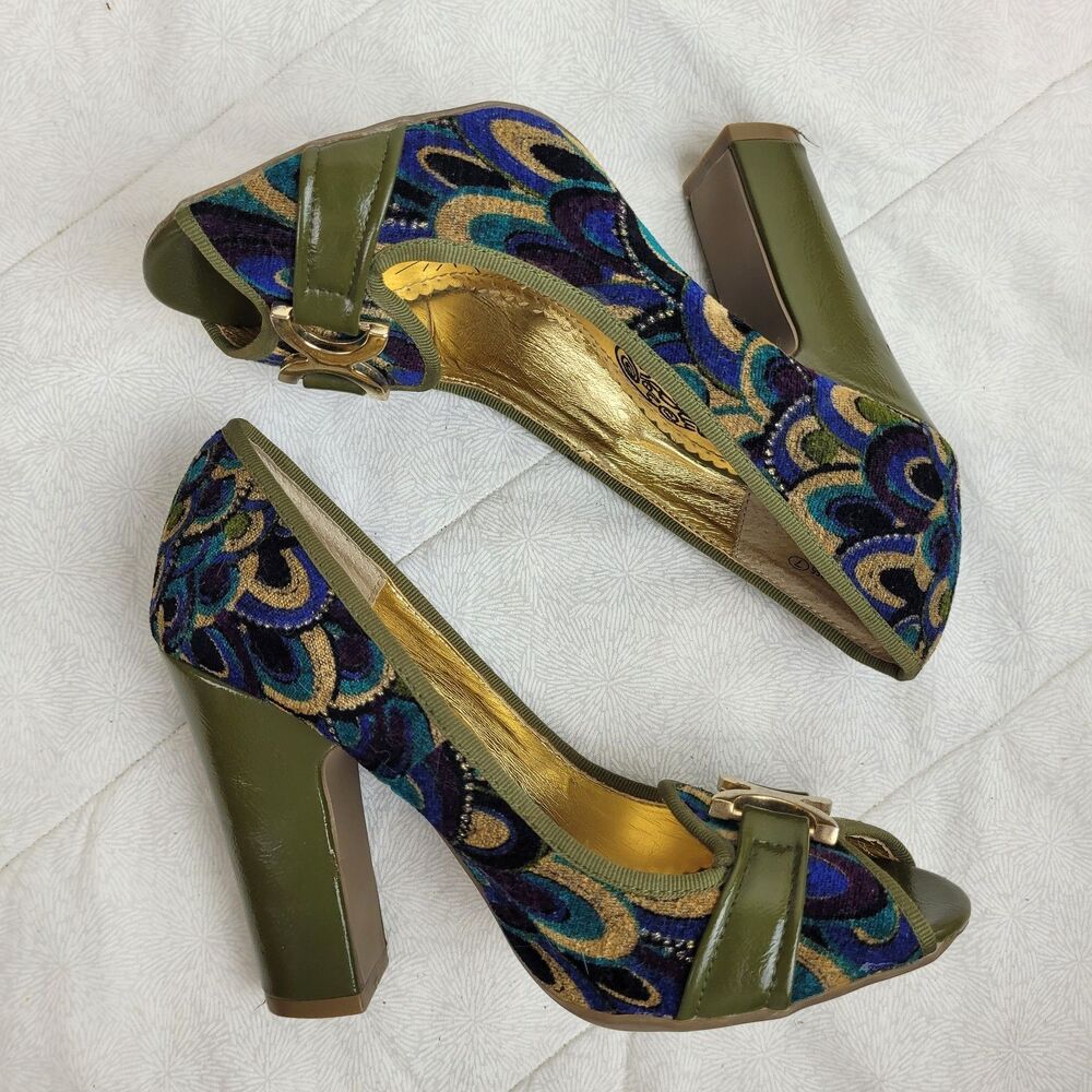 naughty monkey Olive Green Multicolor Patterned Peep-Toe Block Heels - Picture 2 of 13